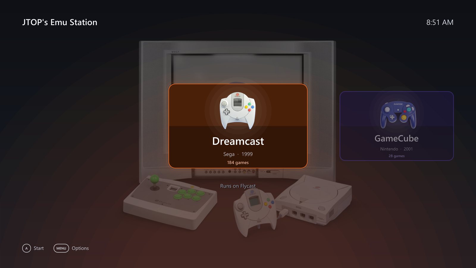 JTOP's Emu Station home screen with the Dreamcast selected and GameCube next in line